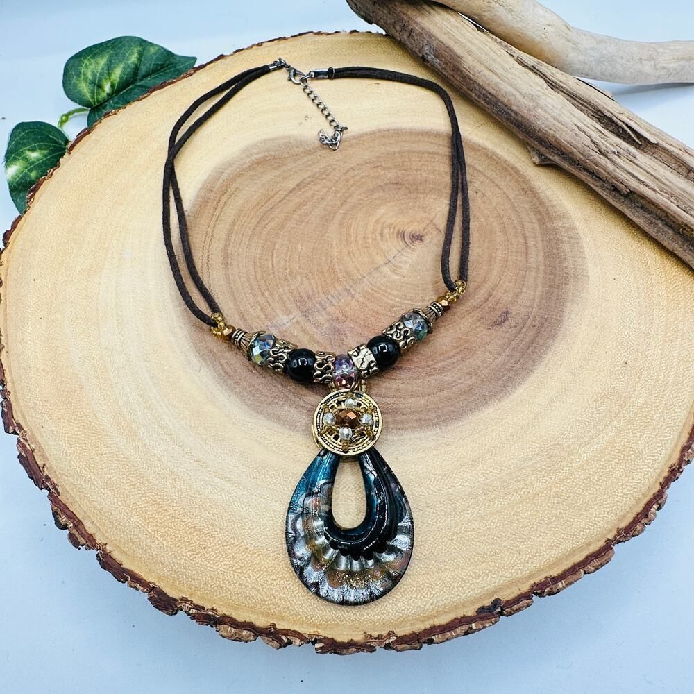 Vintage Style Art Glass Statement Necklace Black Gold Beaded Cord Pendant